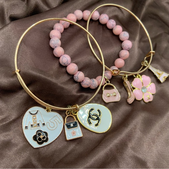 Set of 3 Handmade Pink Two Bangles One Beaded Bracelets - Picture 2 of 3